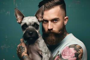 AI generated a man with tattoos is holding a dog photo