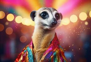 ai generado un suricata en un amarillo y púrpura atuendo foto