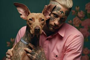 AI generated a man with tattoos is holding a dog photo