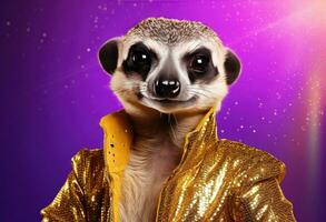 AI generated a meerkat in a yellow and purple outfit photo