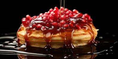 AI generated a pastry with pomegranate on top of it with a drip of golden liquid photo
