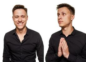 Stylish young man posing and looking at the camera, isolated on a white background photo