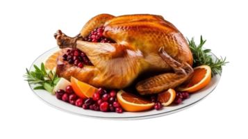AI generated yummy thanksgiving turkey in a plate on transparent background png