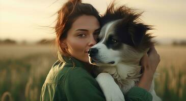 ai generado un mujer abrazando su perro en un verde campo foto
