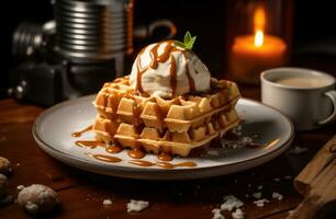 AI generated a waffle with white gel ice cream and syrup, photo