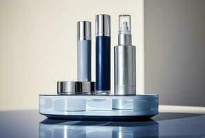 AI generated an exclusive trio of blue cosmetic products, containing a blue cream photo