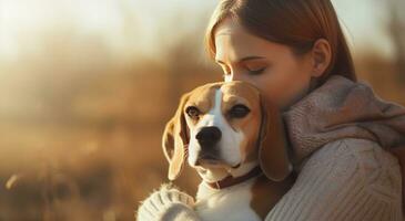 AI generated a woman hugging a beagle dog photo