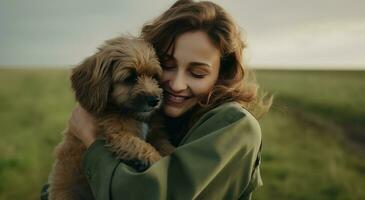 ai generado un mujer abrazando su perro en un verde campo foto