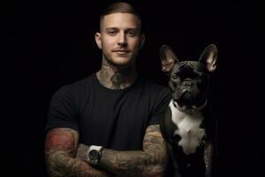 AI generated a man with tattoos showing his dog photo