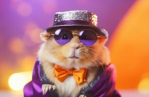 AI generated hamster in sunglasses, suit, and a hat photo