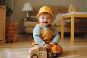 AI generated a toddler in overalls sits on blocks and a toy car photo