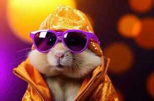 AI generated hamster in sunglasses, suit, and a hat photo