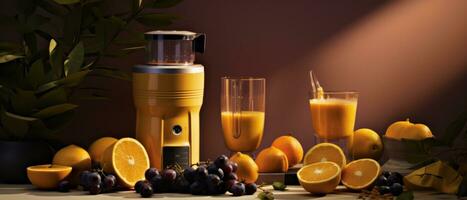 ai generado fruta, naranja jugo mezclas vf comida procesador foto