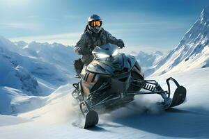 AI generated Snowmobile rider in winter mountains photo