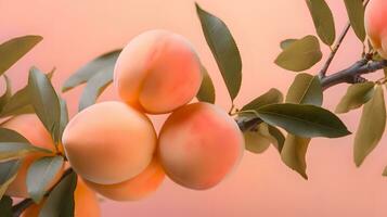 AI generated Apricots on a tree branch with leaves on a pink background. peach fuzz color of the year 2024 photo