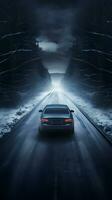 AI generated Night scene car driving on a winter road in the forest photo