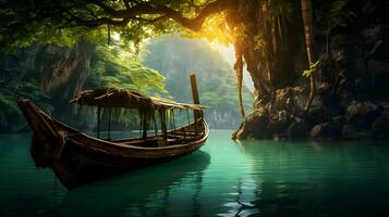 AI generated Fantasy landscape with old wooden boat on the lake photo