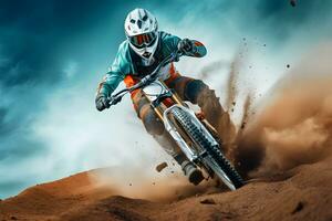 AI generated Motocross rider on the race. Extreme motocross concept photo