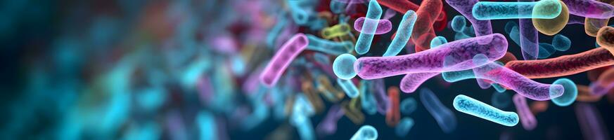 AI generated Bacteria in blood. Microscopic view banner background photo