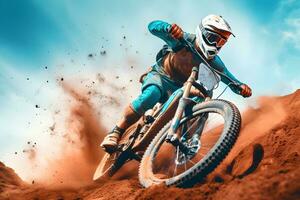 AI generated Motocross rider in action on the race track. Extreme sport. photo