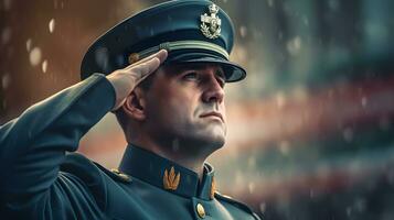 AI generated Closeup portrait of a man in a military uniform salutes with his hand raised photo