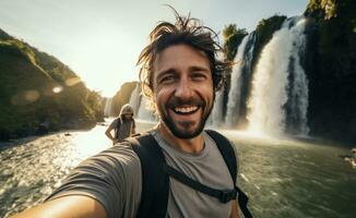 ai generado hombre toma selfie en frente de cascada foto