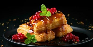 AI generated shot of pastries as well as pomegranate syrup over a black table photo