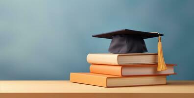 ai generado Tres libros apilado arriba encima graduación gorra foto