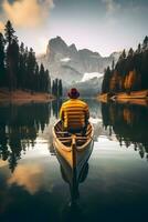 AI generated A man in a canoe on lake braies photo