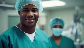 ai generado un masculino médico en un quirúrgico uniforme con un ayudante en el antecedentes foto