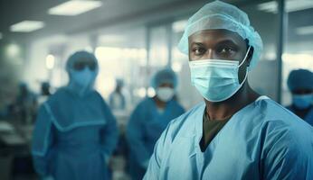 ai generado un masculino médico en un quirúrgico uniforme con un ayudante en el antecedentes foto