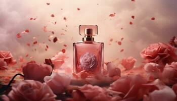 ai generado el botella doble Rosa perfume con rosas y flores foto