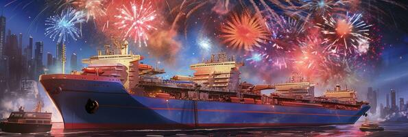 AI generated two large ships with fireworks in the background photo