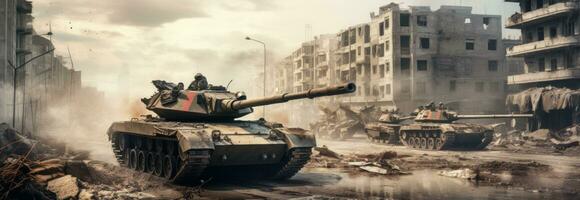 AI generated syrian army tank flying through the city streets photo