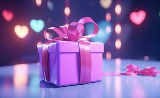 AI generated a pink and purple heart floats around an empty gift photo