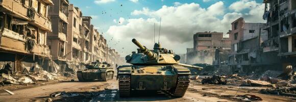 AI generated syrian army tank flying through the city streets photo