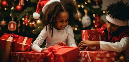 AI generated a set of children open Christmas gifts at the christmas tree photo