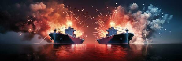 AI generated two large ships with fireworks in the background photo