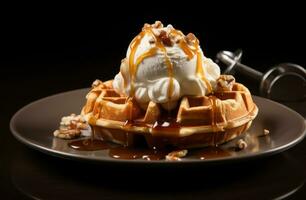 AI generated a waffle with white gel ice cream and syrup, photo