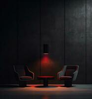 AI generated two chairs and a lamp in black with red lighting photo