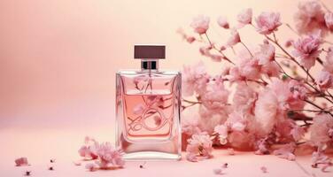 AI generated a perfume bottle on a pink background photo