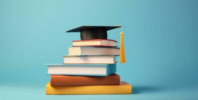 ai generado varios libros y tapas con graduación sombrero en azul antecedentes foto