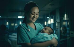 ai generado un enfermero vistiendo matorrales participación un bebé debajo su brazos foto
