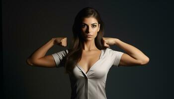 AI generated confident businesswoman with muscle arms photo