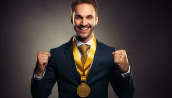 AI generated happy businessman wearing a gold medal. business concept photo