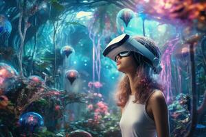 AI generated Young woman wearing virtual reality goggles in a fantasy forest. 3d rendering, A girl in a virtual reality helmet in a virtual fantasy world, AI Generated photo