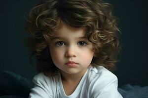 AI generated Portrait of a cute little boy with curly hair on dark background, A cute baby with fluffy hair, A pretty boy, AI Generated photo