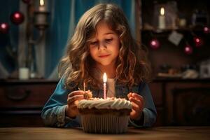 AI generated Cute little girl blowing out candle on birthday cupcake at home, A girl making a heart gesture and blowing a candle on a cake at home, AI Generated photo
