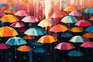 AI generated Colorful umbrellas on the background of the city. Vector illustration, A colorful array of umbrellas on a rainy day, AI Generated photo