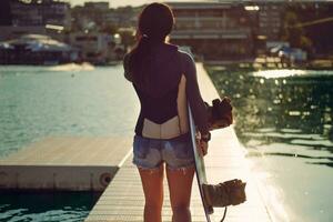 morena niña en un gris suéter tipo con cuello de tortuga, especial Deportes chaleco y azul mezclilla pantalones cortos es posando con su wakeboard en un muelle de el costero zona. de cerca. foto